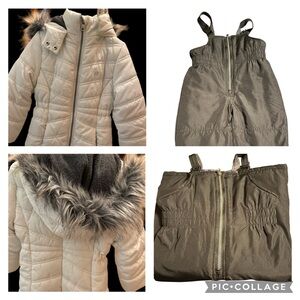 White Calvin Klein Puffer Jacket with Fur Hood and Black Snowsuit